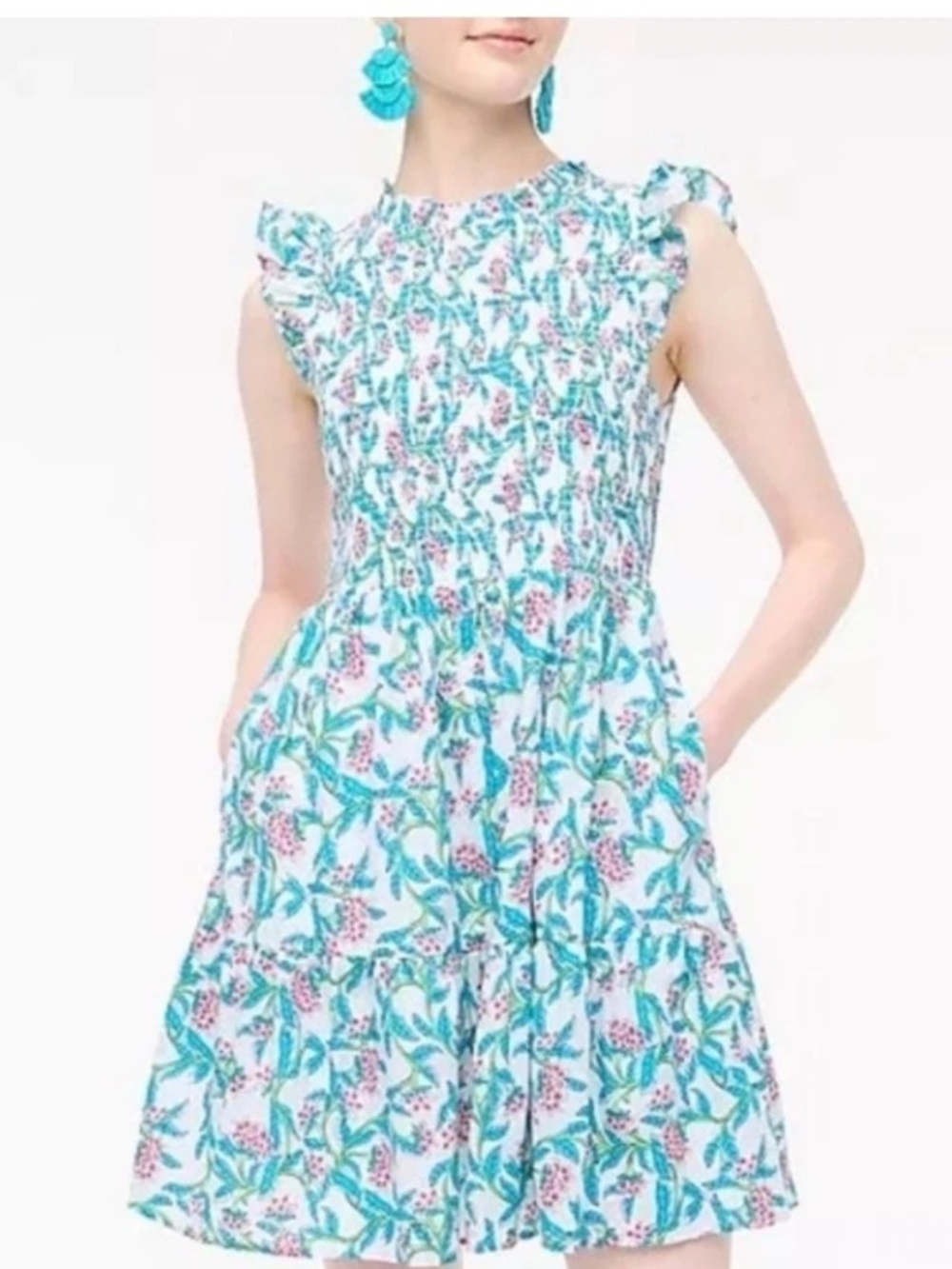 J. Crew Teal and Pink Floral Smocked Sundress